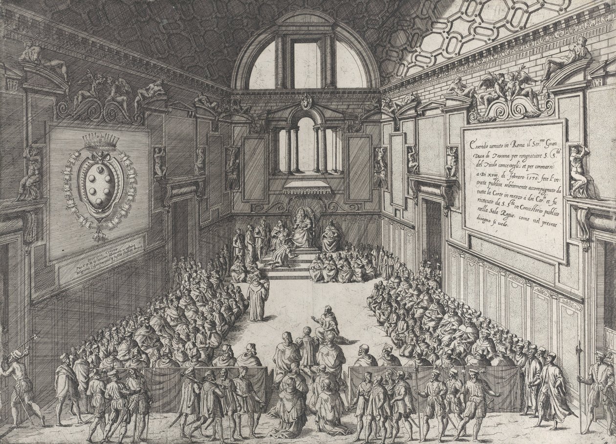 Audience pořádaná papežem Piem V. Cosimovi I., vévodovi z Toskánska, 1575-99. od Giovanni Ambrogio Brambilla