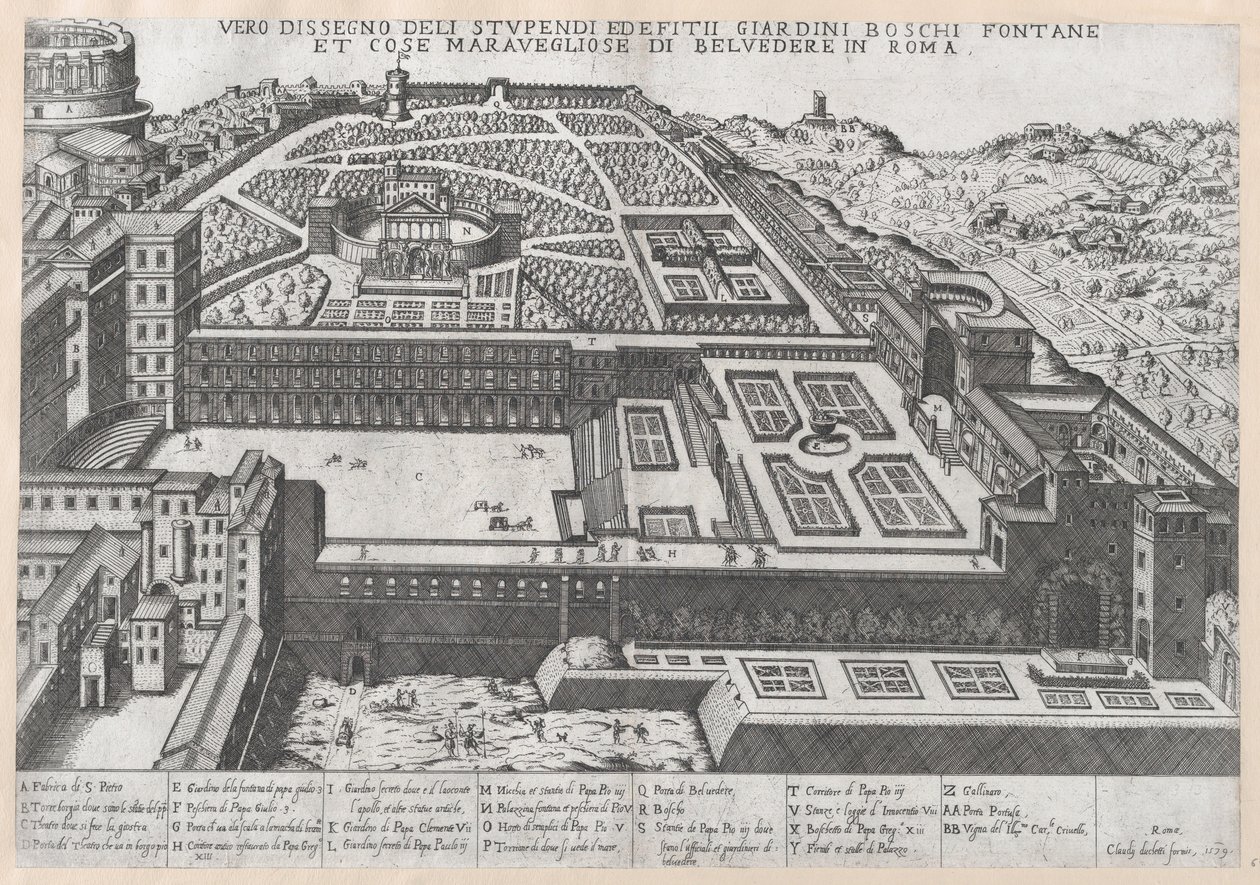 Letecký pohled na Belvedere a jeho zahrady, 1579., 1579 od Giovanni Ambrogio Brambilla.