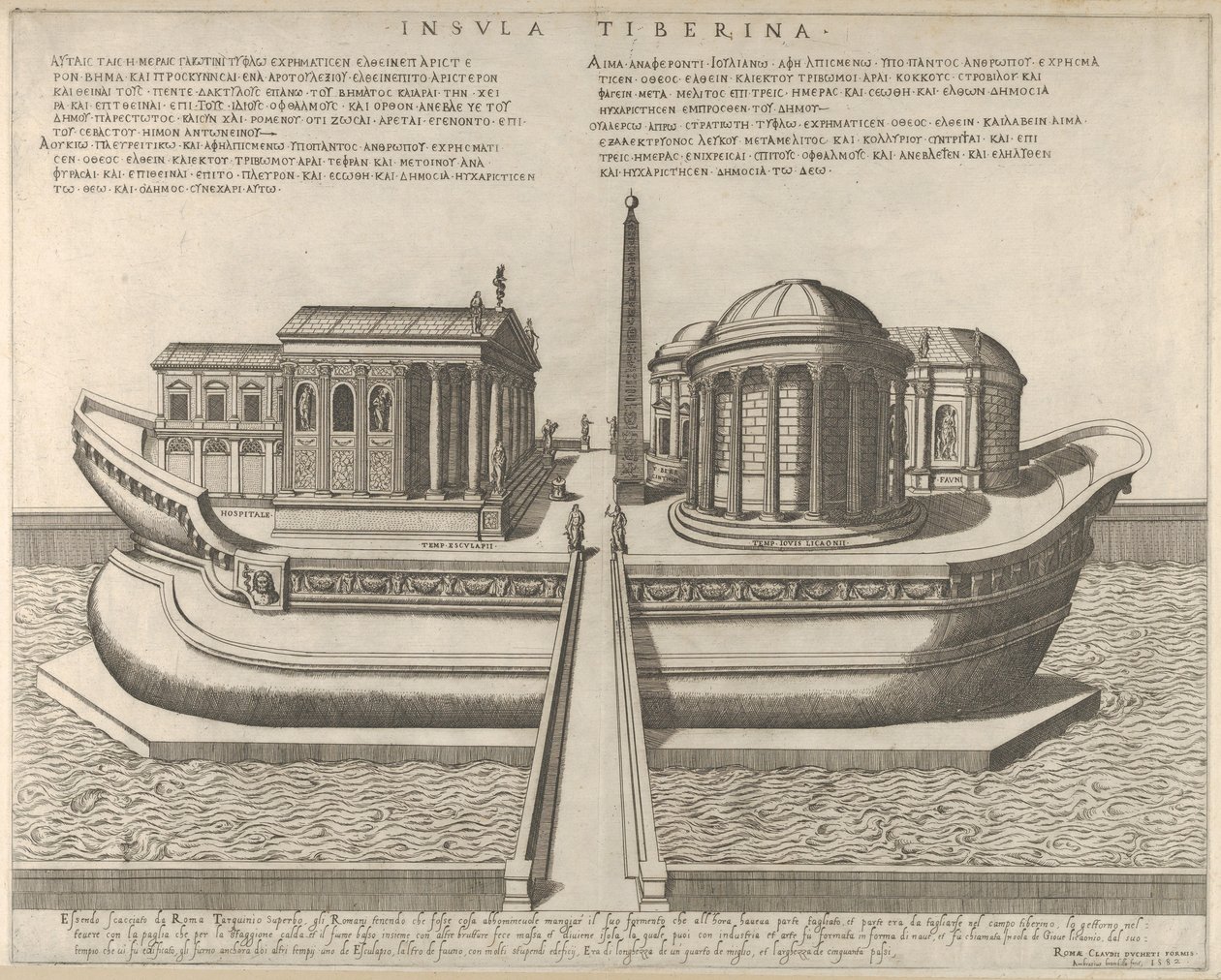 Pohled na ostrov Tiber reprezentovaný jako loď, Aesculapiův chrám vlevo, 1582., 1582. od Giovanni Ambrogio Brambilla