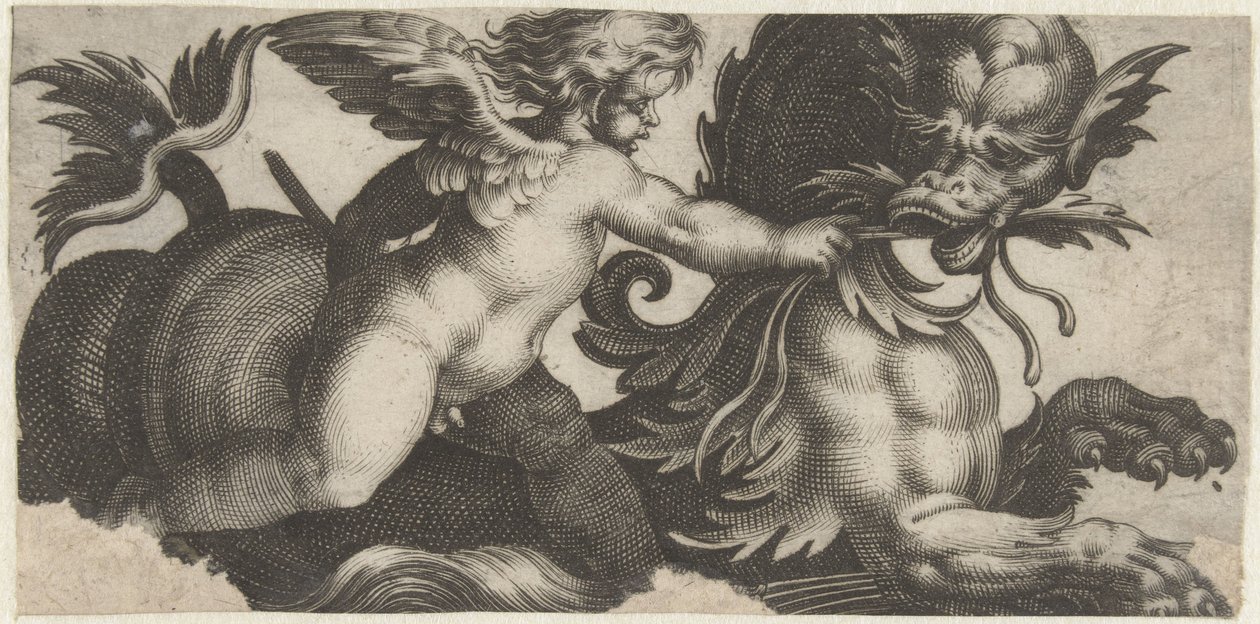 Putto krmí mořskou příšeru listem Frísové s mořskými příšerami (název série) od Giovanni Andrea Maglioli