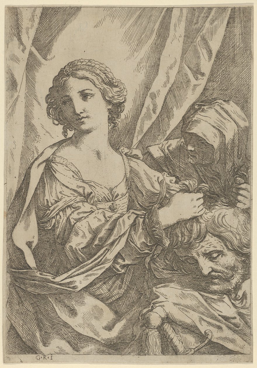 Judita uchopila hlavu Holoferna za vlasy a dívala se doleva, stará žena..., 1600-1640. od Giovanni Andrea Sirani