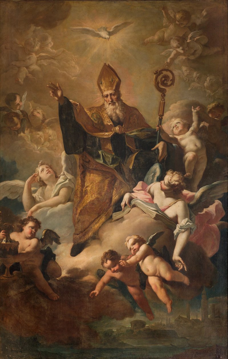 Jižní transept, oltář San Benedetto, svatý Benedikt v Glorii při žehnání městu, oltářní obraz od Giovanni Angela Borroniho, San Benedetto in Gloria při žehnání městu 1744 od Giovanni Angelo Borroni
