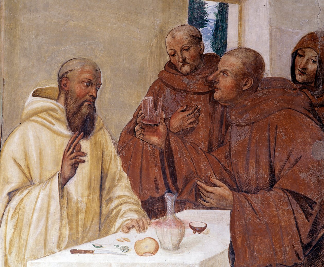 Benedikt rozbíjí sklenici otráveného vína a vytváří znamení kříže Detailní freska ambitu od Antonia Bazzi dit il Sodoma (1477 - 1549) vyprávějící o životě svatého Benedikta z Nursie (480 - 567), zakladatele řádu benediktinů 1503 - 1508 od Giovanni Antonio Bazzi Sodoma
