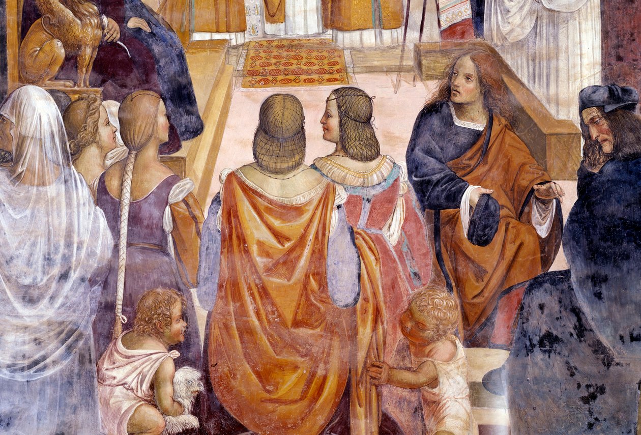 Benedikt exkomunikoval dvě jeptišky a po jejich smrti je zprostil rozhřešení Detail Klášterní freska od Antonia Bazzi dit il Sodoma (1477 - 1549) vyprávějící o životě svatého Benedikta z Nursie (480 - 567), zakladatele řádu benediktinů 1503 - 1508 Abbey of od Giovanni Antonio Bazzi Sodoma