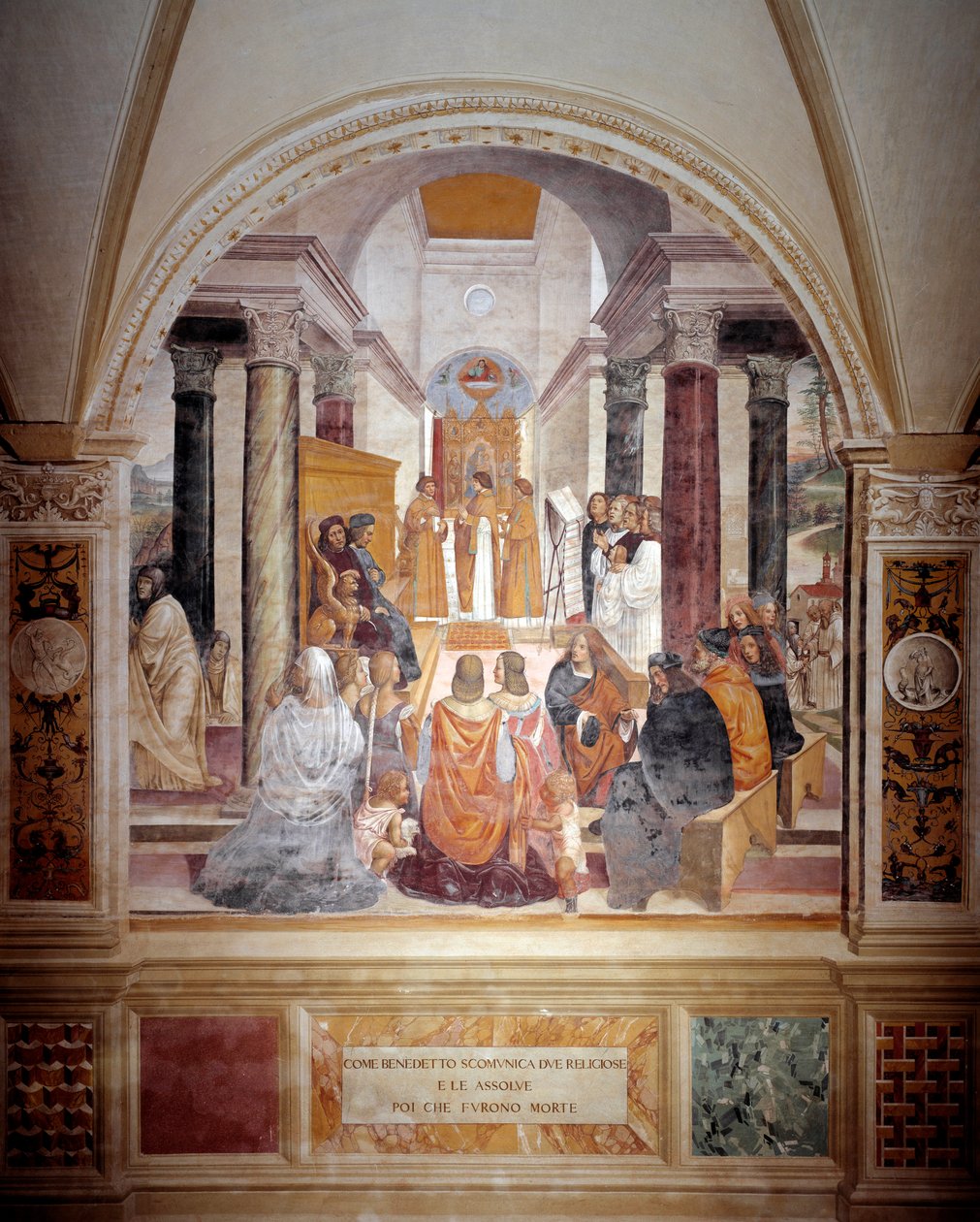 Benedikt exkomunikoval dvě jeptišky a po jejich smrti je zprostil rozhřešení freska kláštera od Antonia Bazzi dit il Sodoma (1477 - 1549) vyprávějící o životě svatého Benedikta z Nursie (480 - 567), zakladatele řádu benediktinů 15083 - 1508 od Giovanni Antonio Bazzi Sodoma