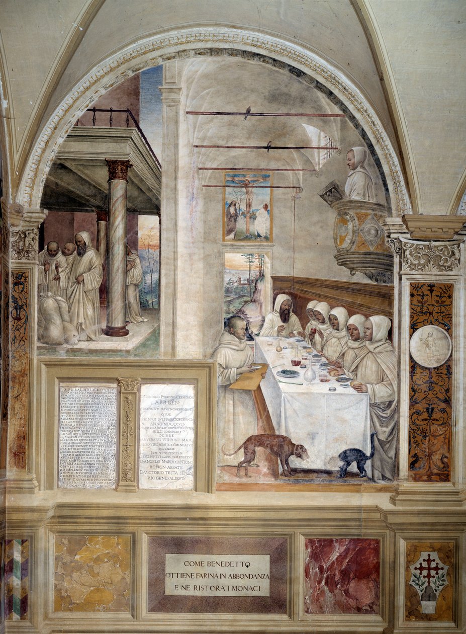 Benedikt dostává mouku v hojné míře a krmí mnichy freskou kláštera od Antonia Bazzi dit il Sodoma (1477 - 1549) vyprávějící o životě svatého Benedikta z Nursie (480 - 567), zakladatele řádu benediktinů 1503 - 1508 opatství Monte Oliveto od Giovanni Antonio Bazzi Sodoma