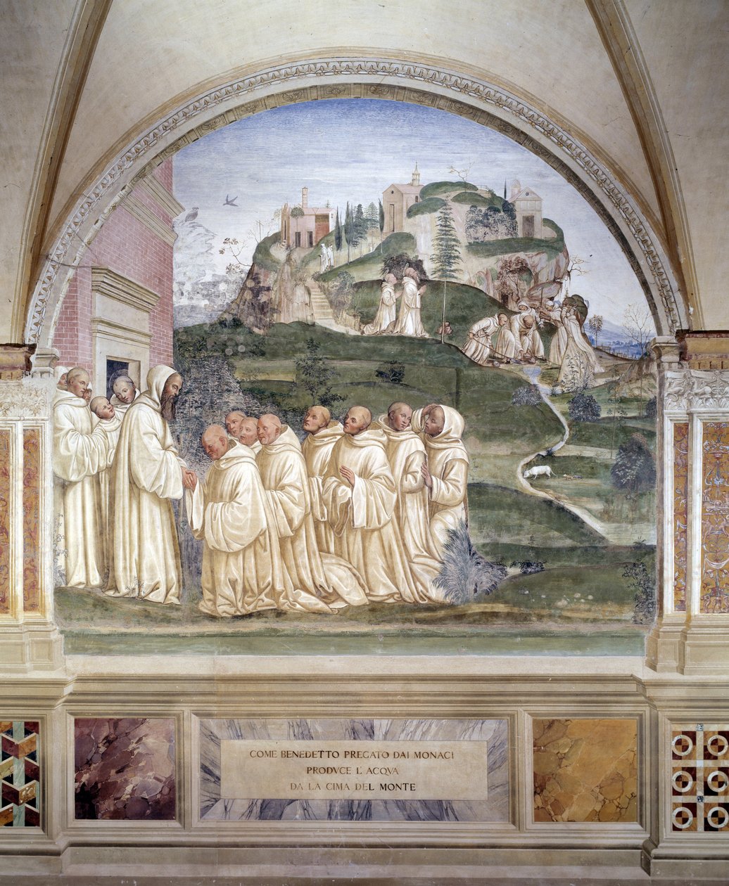 Benedikt zažehl zdroj na vrcholu hory Freska kláštera od Antonia Bazzi dit il Sodoma (1477 - 1549) vyprávějící o životě svatého Benedikta z Nursie (480 - 567), zakladatele řádu benediktinů 1503 - 1508 opatství Monte Oliveto od Giovanni Antonio Bazzi Sodoma