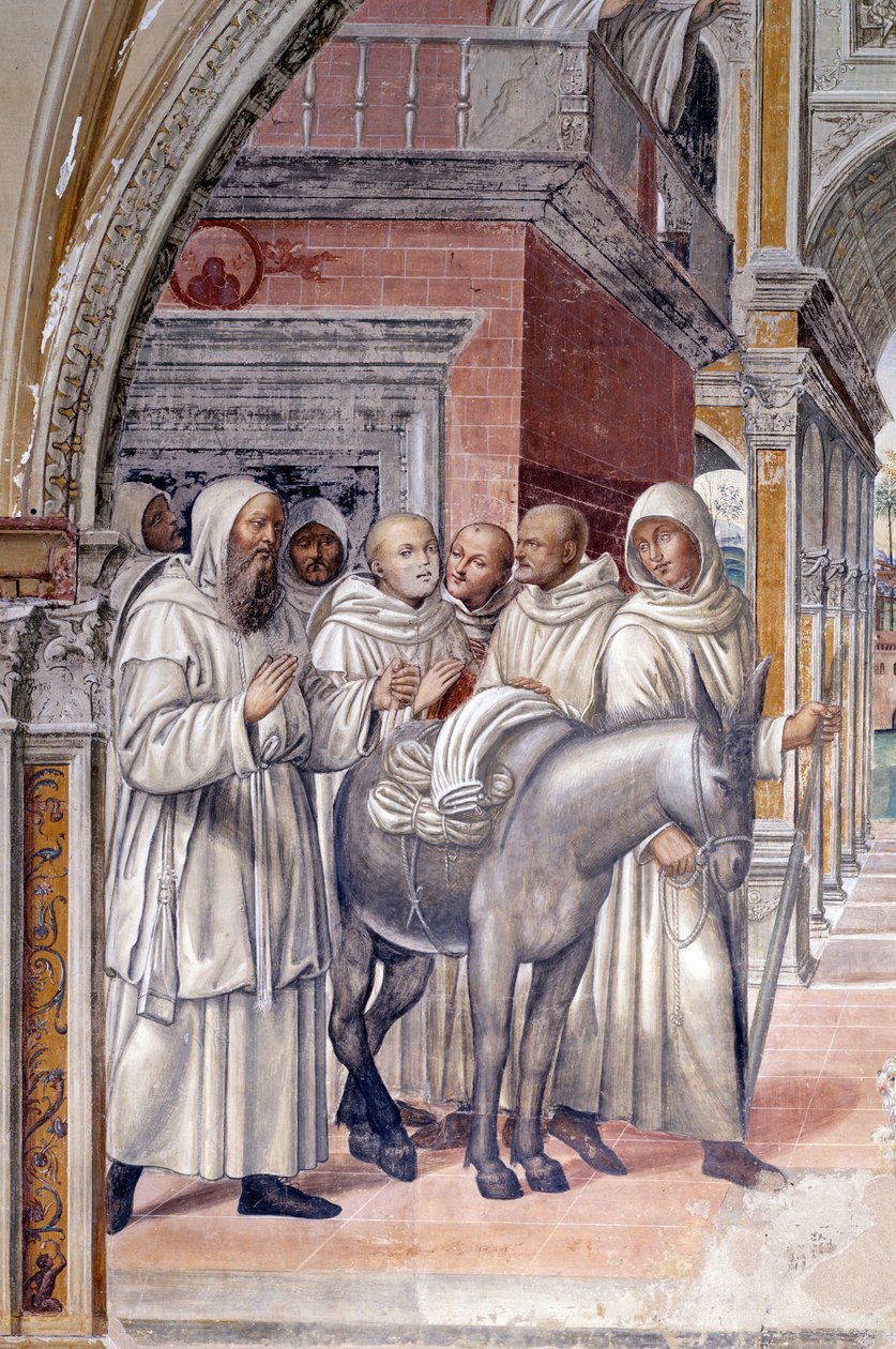 Florent posílal do kláštera prostitutky (Florenzo posílá kurtizány do kláštera sv. Benedikta) Detailní freska ambitu realizovaná Antoniem Bazzi dit il Sodoma (1477 - 1549) vyprávějící o životě svatého Benedikta (480 - 567), zakladatele řádu od Giovanni Antonio Bazzi Sodoma