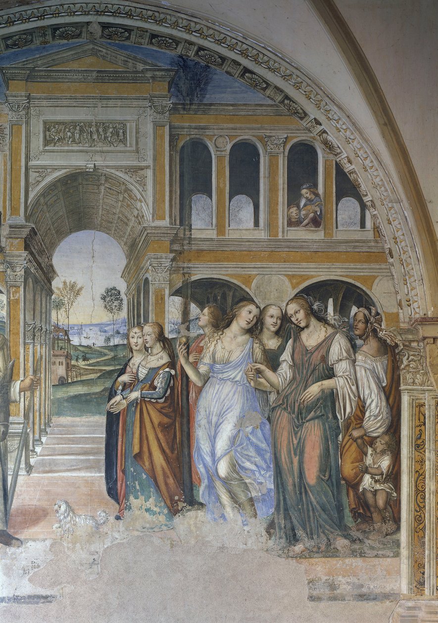 Florentius posílá nevěstky do kláštera, scéna ze Života svatého Benedikta od Giovanni Antonio Bazzi Sodoma