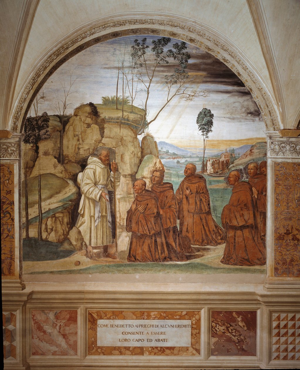 Jak Benedikt odpovídá na modlitbu poustevníků a souhlasí s tím, že bude jejich vůdcem Freska klausu realizovaná Antoniem Bazzi dit il Sodoma (1477 - 1549) líčící život svatého Benedikta z Nursie (480 - 567), zakladatele řádu Benediktinů 1503 od Giovanni Antonio Bazzi Sodoma