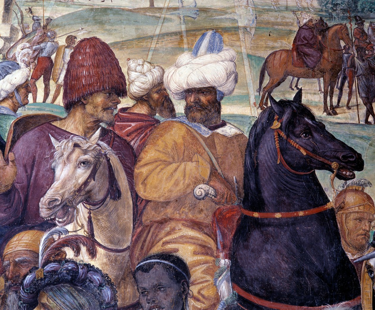 Jak Benedikt předpovídá zničení Monte Cassina (Svatý Benedikt předpovídá zničení Monte Cassina) Detail - freska ambitu od Antonia Bazzi dit il Sodoma (1477 - 1549) vyprávějící o životě svatého Benedikta z Nursie (480 - 567) fou od Giovanni Antonio Bazzi Sodoma