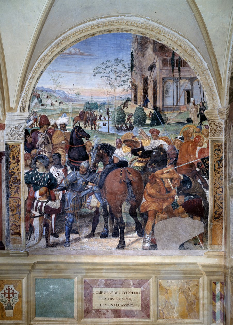 Jak Benedikt předpovídá zničení Monte Cassina (Svatý Benedikt předpovídá zničení Monte Cassina) Detail - freska ambitu od Antonia Bazzi dit il Sodoma (1477 - 1549) vyprávějící o životě svatého Benedikta z Nursie (480 - 567) fou od Giovanni Antonio Bazzi Sodoma