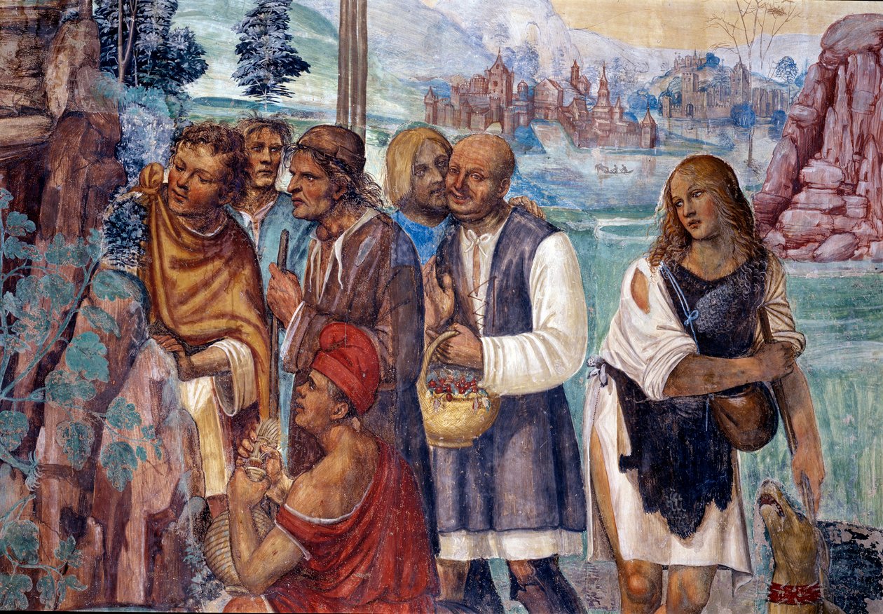 Jak Benedikt učí svaté nauce rolníky, kteří ho navštěvují Detailní freska kláštera realizovaná Antoniem Bazzi dit il Sodoma (1477 - 1549) vyprávějící o životě svatého Benedikta z Nursie (480 - 567), zakladatele řádu benediktinů 1503 - od Giovanni Antonio Bazzi Sodoma