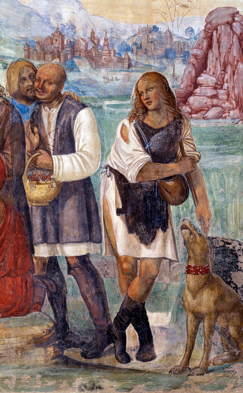 Jak Benedikt učí svaté nauce rolníky, kteří ho navštěvují Detailní freska kláštera realizovaná Antoniem Bazzi dit il Sodoma (1477 - 1549) vyprávějící o životě svatého Benedikta z Nursie (480 - 567), zakladatele řádu benediktinů 1503 - od Giovanni Antonio Bazzi Sodoma