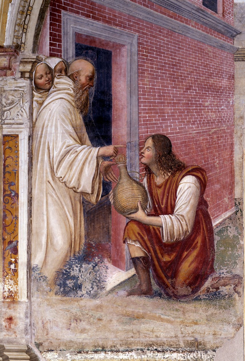 Jak se Benedikt promění v hada láhev vína, kterou mu sluha schoval Detail - freska ambitu od Antonia Bazzi dit il Sodoma (1477 - 1549) vyprávějící o životě svatého Benedikta z Nursie (480 - 567), zakladatele řádu benediktinů 1503 - 1 od Giovanni Antonio Bazzi Sodoma