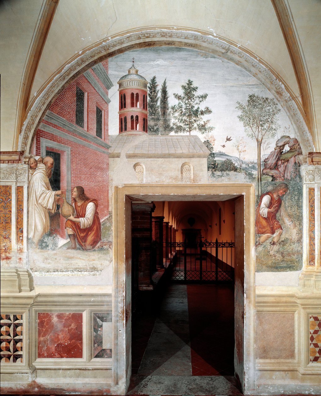 Jak se Benedikt mění v hada vína, který mu sluha ukryl Detail - freska ambitu od Antonia Bazzi dit il Sodoma (1477 - 1549) vyprávějící o životě svatého Benedikta z Nursie (480 - 567), zakladatele řádu Benediktinů 1503 - 1508 opatství od Giovanni Antonio Bazzi Sodoma