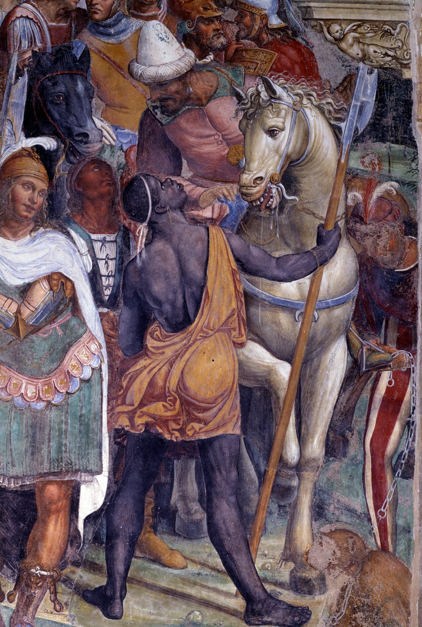 Jak se Benoit seznamuje se dvěma mladými Římany Maurem a Placidem (sv. Benedikt se setkává s mladými romány Maurem a Placidem) Detail doprovodu mladých mužů - Freska ambitu od Antonia Bazzi dit il Sodoma (1477 - 1549) vyprávějící o životě sv. Benedikt od Giovanni Antonio Bazzi Sodoma