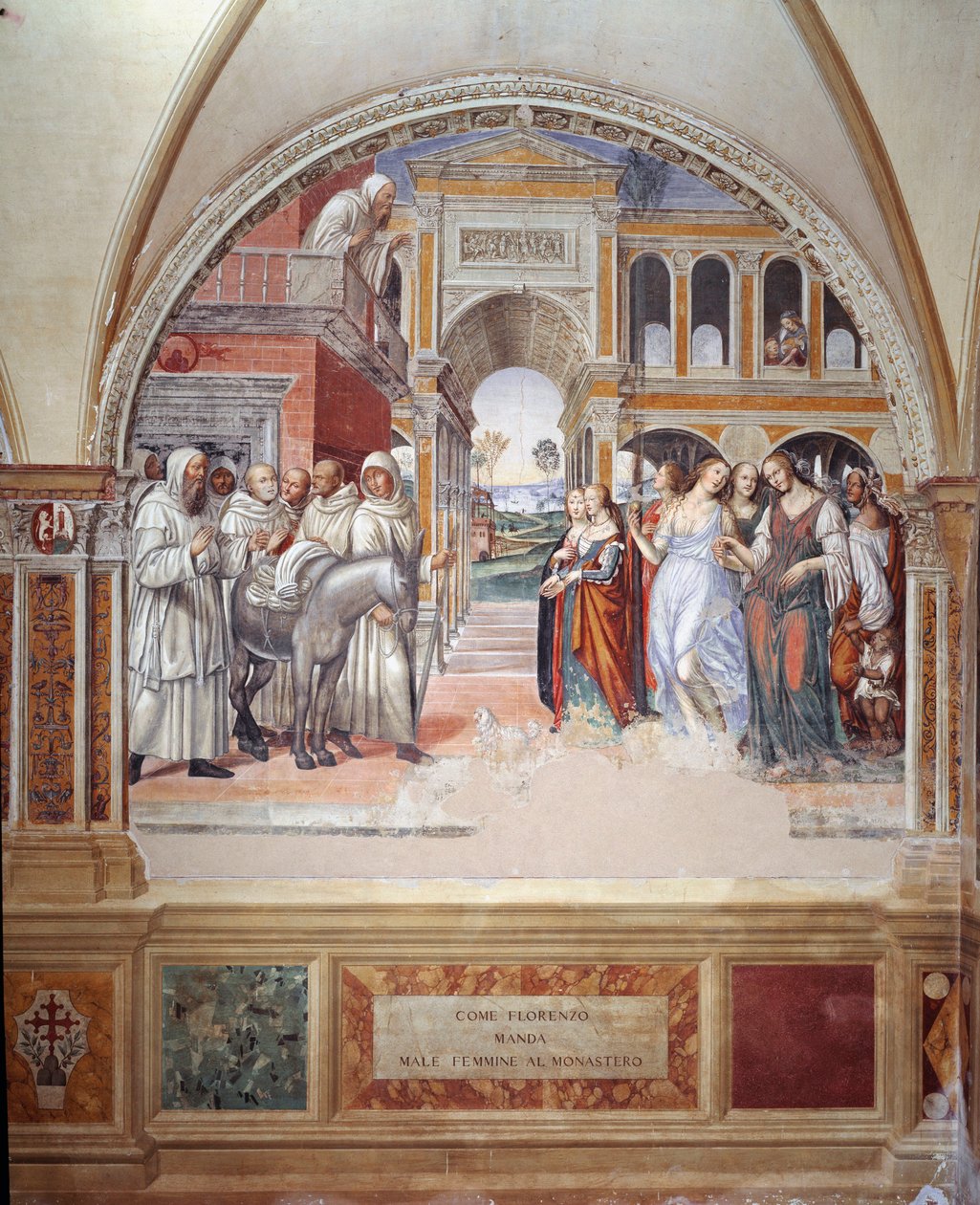 Jak Fiorenzo posílá nevěstky v klášteře (Jak Fiorenzo posílá prostitutky v klášteře) - freska kláštera od Antonia Bazzi dit il Sodoma (1477 - 1549) vyprávějící o životě svatého Benedikta z Nursie (480 - 567), zakladatele řádu z od Giovanni Antonio Bazzi Sodoma