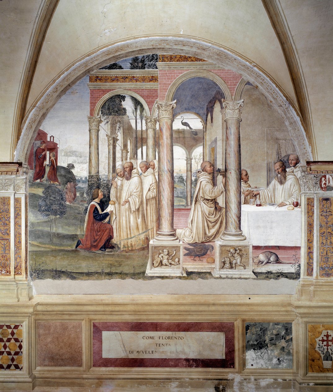 Jak se Florent snaží otrávit Benoita (Jak se Fiorenzo snaží otrávit svatého Benedikta) - Nástěnná freska od Antonia Bazzi dit il Sodoma (1477 - 1549) líčící život svatého Benedikta (480 - 567), zakladatele benediktinského řádu 1503 - 1508 Abbey z Monte Oli od Giovanni Antonio Bazzi Sodoma
