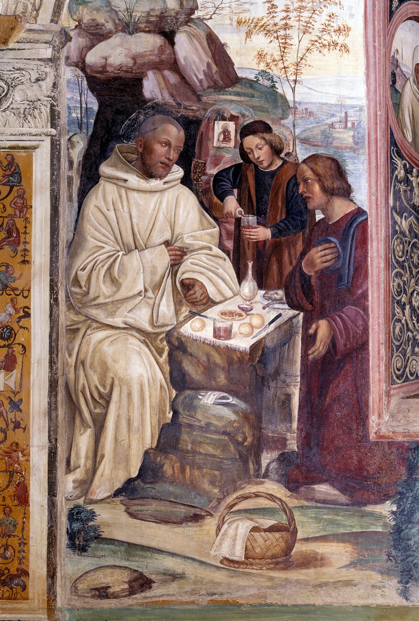 Jak kněz přinesl jídlo Benediktovi o Velikonocích (kněz přinesl jídlo Benediktovi o Velikonocích) Detail - Klášterní freska od Antonia Bazzi dit il Sodoma (1477 - 1549) vyprávějící o životě svatého Benedikta z Nursie (480 - 567), zakladatele Benův řád od Giovanni Antonio Bazzi Sodoma