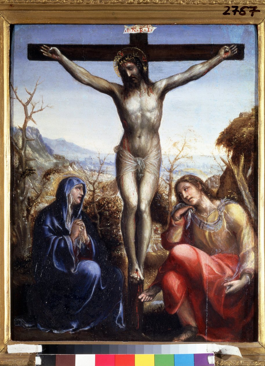 La crucifixion avec la Vierge et Jean Baptiste (Ukřižování s Pannou a Janem Křtitelem). Nápis "I.N.R.I." (INRI) na kříži. Obraz Sodomy (nebo Giovanni Antonio Bazzi od Giovanni Antonio Bazzi Sodoma