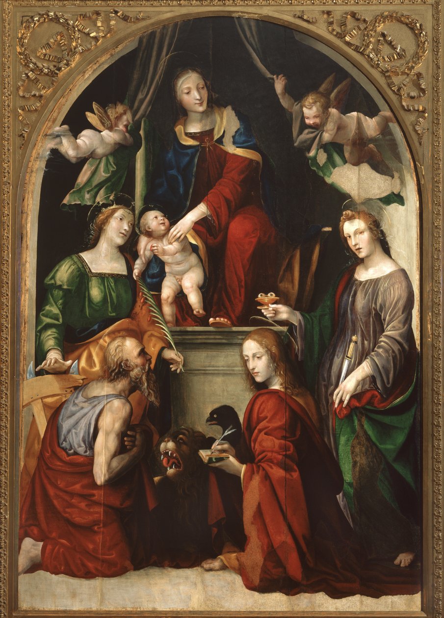 Madona s dítětem a andělé mezi svatými Jeronýmem, Kateřinou Alexandrijskou, Lucií a Janem Evangelistou, kolem roku 1513 od Giovanni Antonio Bazzi Sodoma