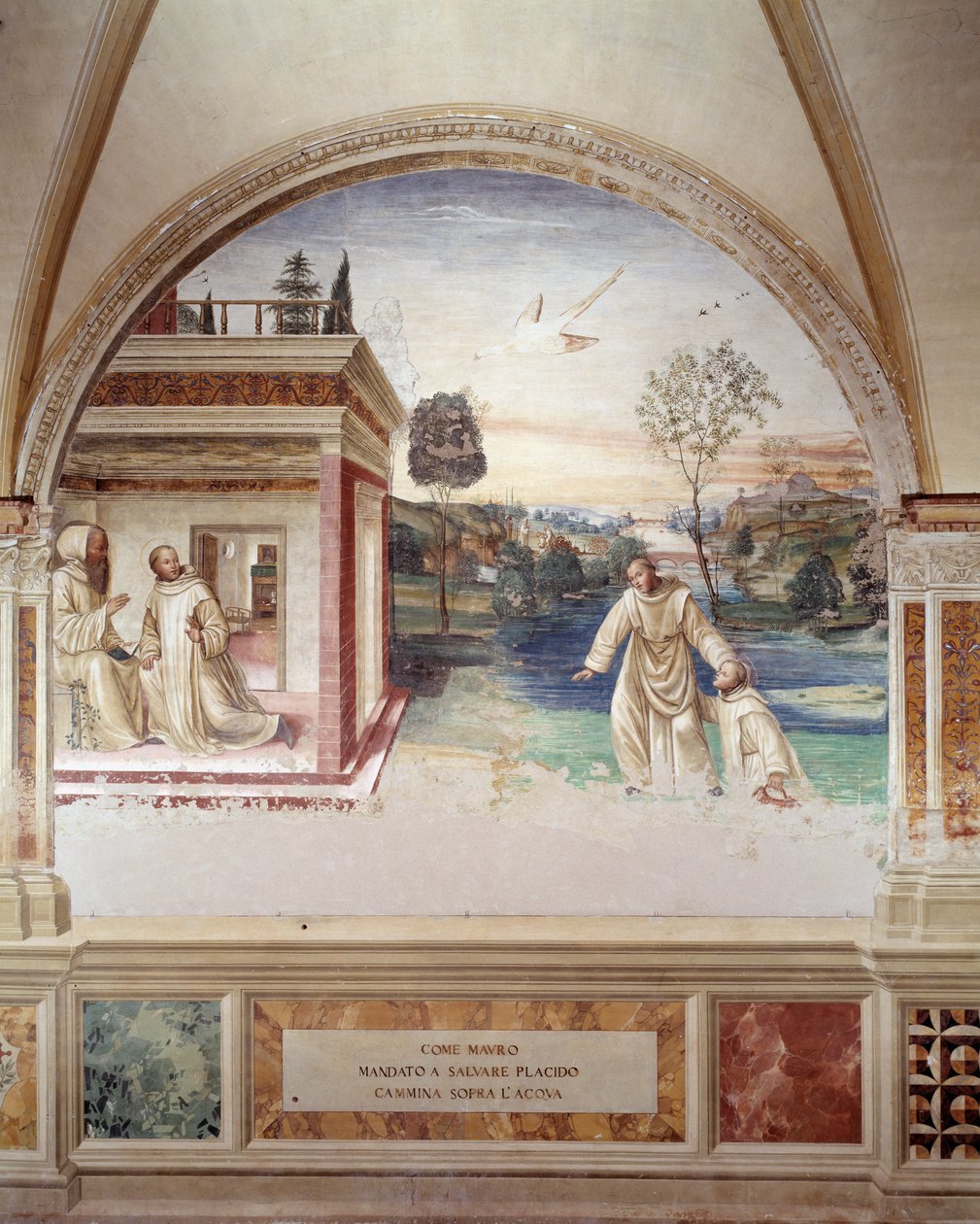 Maur kráčí po vodě, aby zachránil sv. Placid (St. Maurus kráčí po vodě, aby zachránil sv. Placida) freska kláštera od Antonia Bazzi dit il Sodoma (1477 - 1549) vyprávějící o životě svatého Benedikta z Nursie (480 - 567), zakladatel řád benediktinů od Giovanni Antonio Bazzi Sodoma