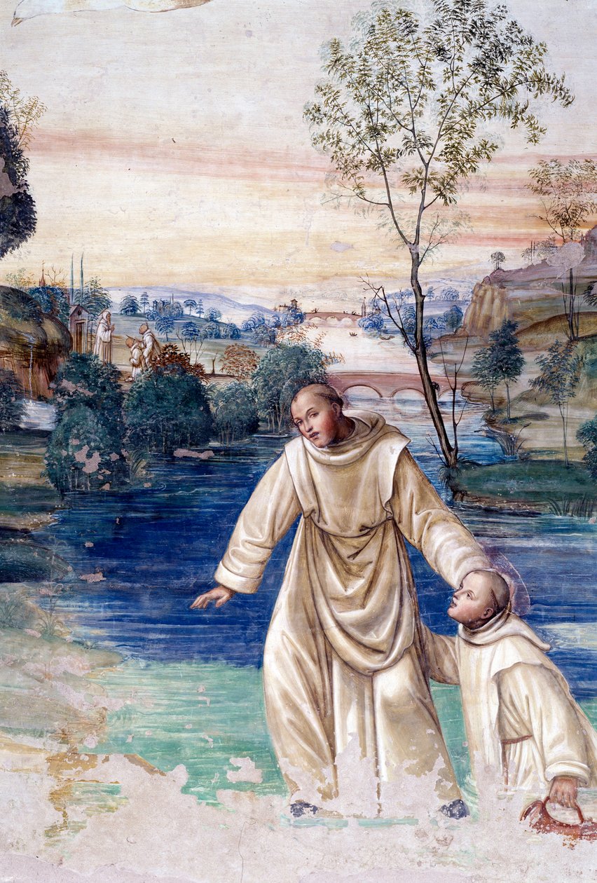 Maur jde po vodě, aby zachránil sv. Placid Detail Klášterní freska od Antonia Bazzi dit il Sodoma (1477 - 1549) vyprávějící o životě svatého Benedikta z Nursie (480 - 567), zakladatele benediktinského řádu 1503 - 1508 Opatství Monte Oliveto Maggiore, Flore od Giovanni Antonio Bazzi Sodoma