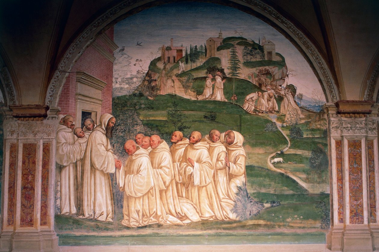 Svatý Benedikt prosený mnichy, produkující vodu z vrcholu hory, scéna z Příběhů svatého Benedikta z Monte Oliveto Maggiore od Giovanni Antonio Bazzi Sodoma