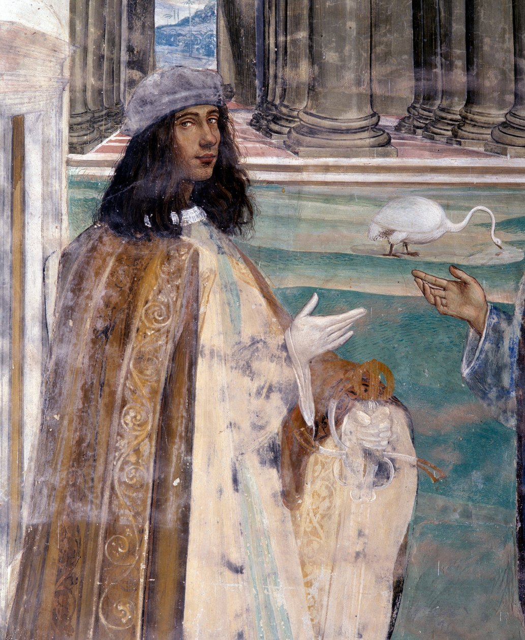Svatý Benedikt opravuje prasklé síto Autoportrét umělce - Detail Freska ambitu realizovaná Antoniem Bazzi dit il Sodoma (1477 - 1549) vyprávějící o životě svatého Benedikta z Nursie (480 - 567), zakladatele řádu benediktinů 1503 - 1508 od Giovanni Antonio Bazzi Sodoma