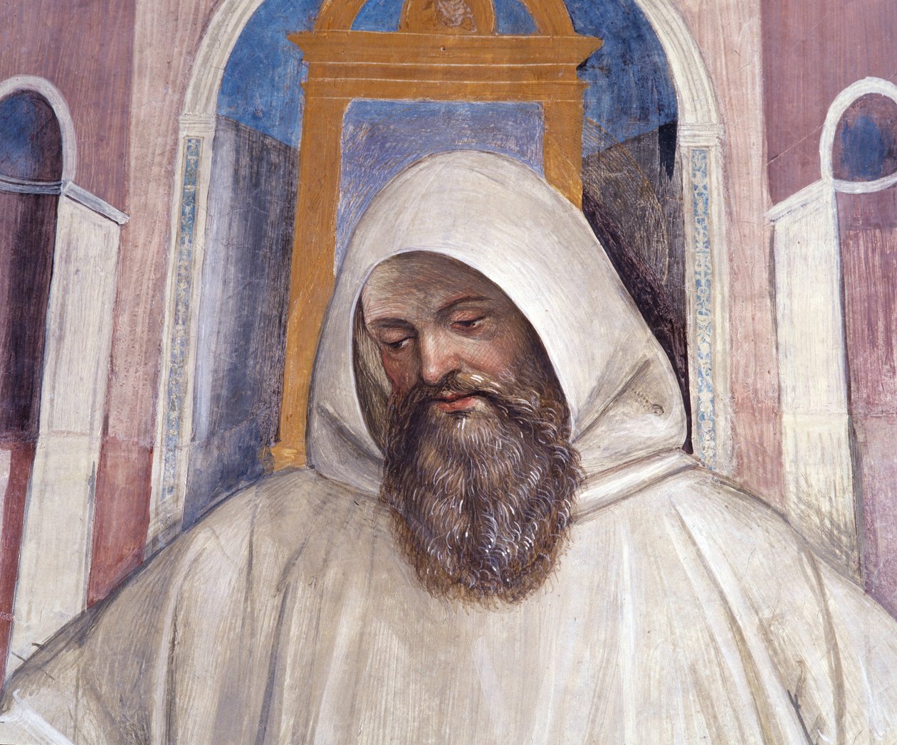 Svatý Benedikt předává vládu mnichům olivetani Detailní freska ambitu od Antonia Bazzi dit il Sodoma (1477 - 1549) vyprávějící o životě svatého Benedikta z Nursie (480 - 567), zakladatele řádu Benediktinů 1503 - 1508 opatství Monte O od Giovanni Antonio Bazzi Sodoma