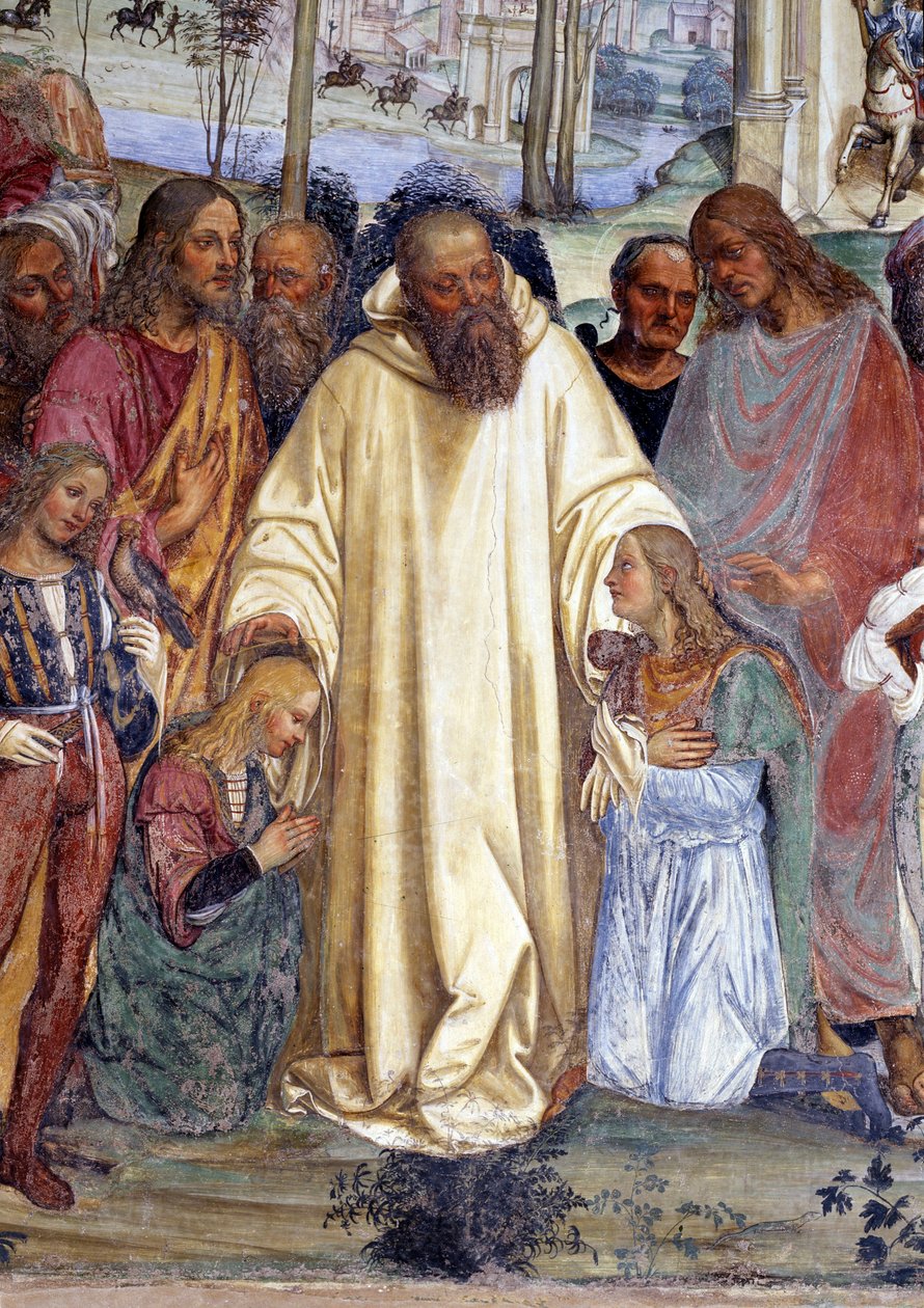 Svatý Benedikt přijímá dva mladé Římany, Maura a Placida (sv. Benedikt se setkává se dvěma mladými romány, Maurem a Placidem) Detailní freska ambitu od Antonia Bazzi dit il Sodoma (1477 - 1549) vyprávějící o životě svatého Benedikta z Nursie (480 - 567) pr od Giovanni Antonio Bazzi Sodoma