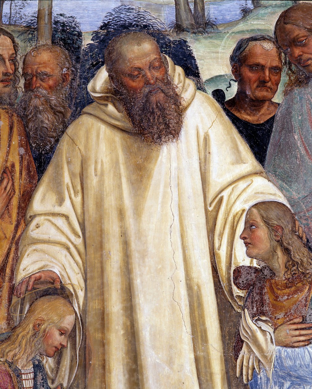 Svatý Benedikt přijímá dva mladé Římany, Maura a Placida (sv. Benedikt se setkává se dvěma mladými romány, Maurem a Placidem) Detailní freska ambitu od Antonia Bazzi dit il Sodoma (1477 - 1549) vyprávějící o životě svatého Benedikta z Nursie (480 - 567) pr od Giovanni Antonio Bazzi Sodoma