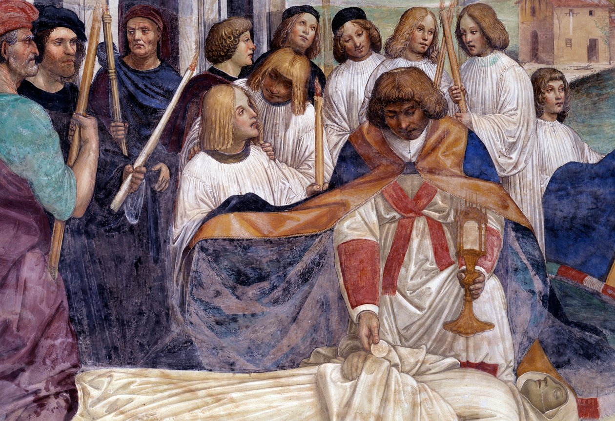 Svatý Benedikt nese Kristovo tělo na těle mnicha, kterého Země odmítá pohřbít Detailní freska ambitu realizovaná Antoniem Bazzi dit il Sodoma (1477 - 1549) líčící život svatého Benedikta z Nursie (480 - 567) zakladatel řádu od Giovanni Antonio Bazzi Sodoma