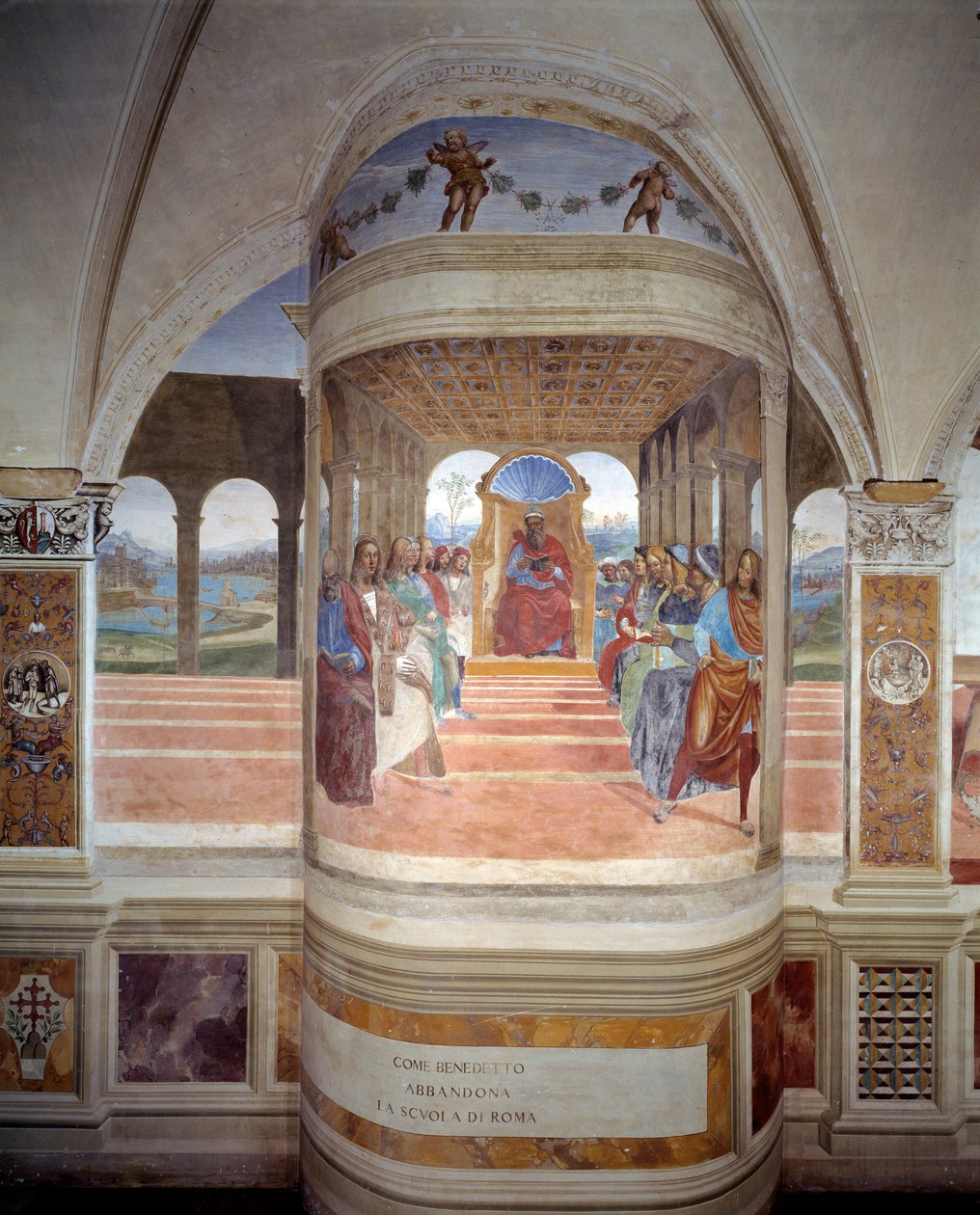 Svatý Benedikt opouští římskou školu freska kláštera od Antonia Bazzi dit il Sodoma (1477 - 1549) vyprávějící o životě svatého Benedikta z Nursie (480 - 567), zakladatele řádu Benediktinů 1503 - 1508 Opatství Monte Oliveto Maggiore , od Giovanni Antonio Bazzi Sodoma
