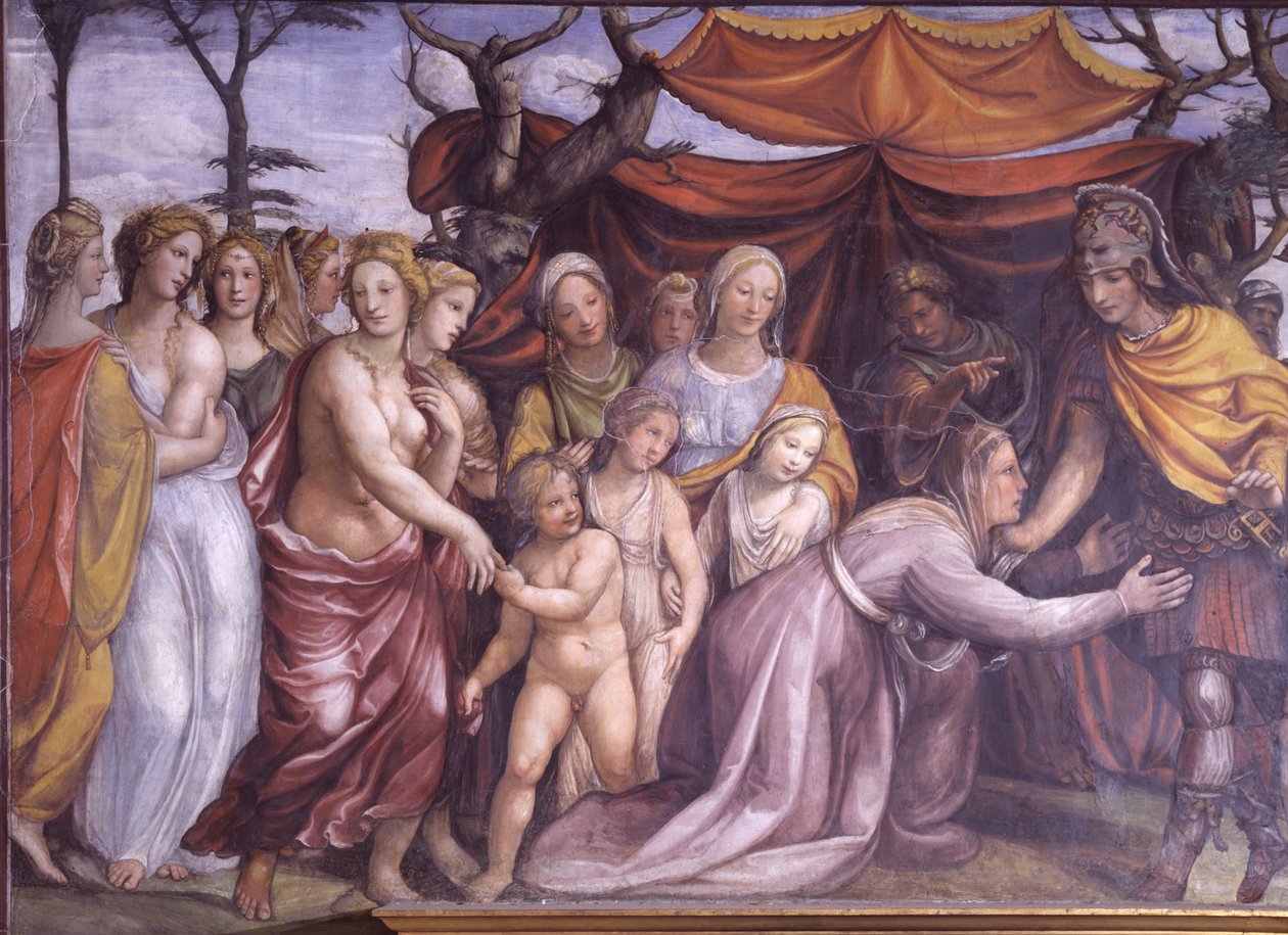 Sala delle Nozze di Alessandro e Rossana Síň svatby Alexandra Velikého 356-323 př.nl a Roxanne detail Alexandra s rodinou Daria III., freska kolem roku 1513 od Giovanni Antonio Bazzi Sodoma