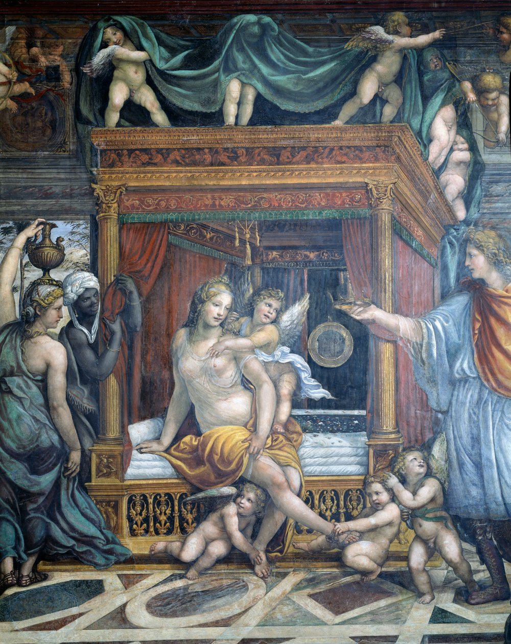 Sala delle Nozze di Alessandro e Rossana Sál sňatku Alexandra Velikého 356-323 př. n. l. a Roxany detail Roxany v ložnici, které Alexandr předává korunu, cca 1513 fr. od Giovanni Antonio Bazzi Sodoma