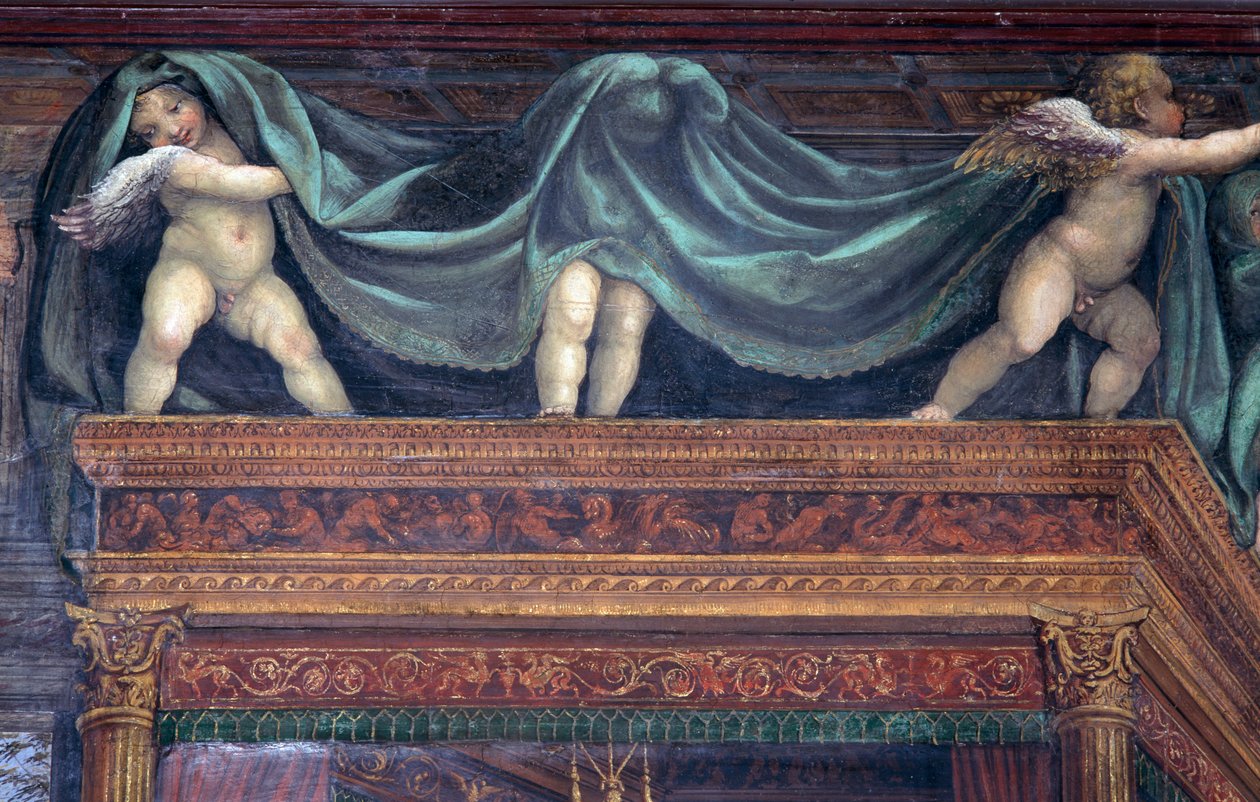 Sala delle Nozze di Alessandro e Rossana Síň svatby Alexandra Velikého 356-323 př.nl a Roxanne detail putti hrajících pod baldachýnem postele, c.1513 detail fresky z 107228 od Giovanni Antonio Bazzi Sodoma