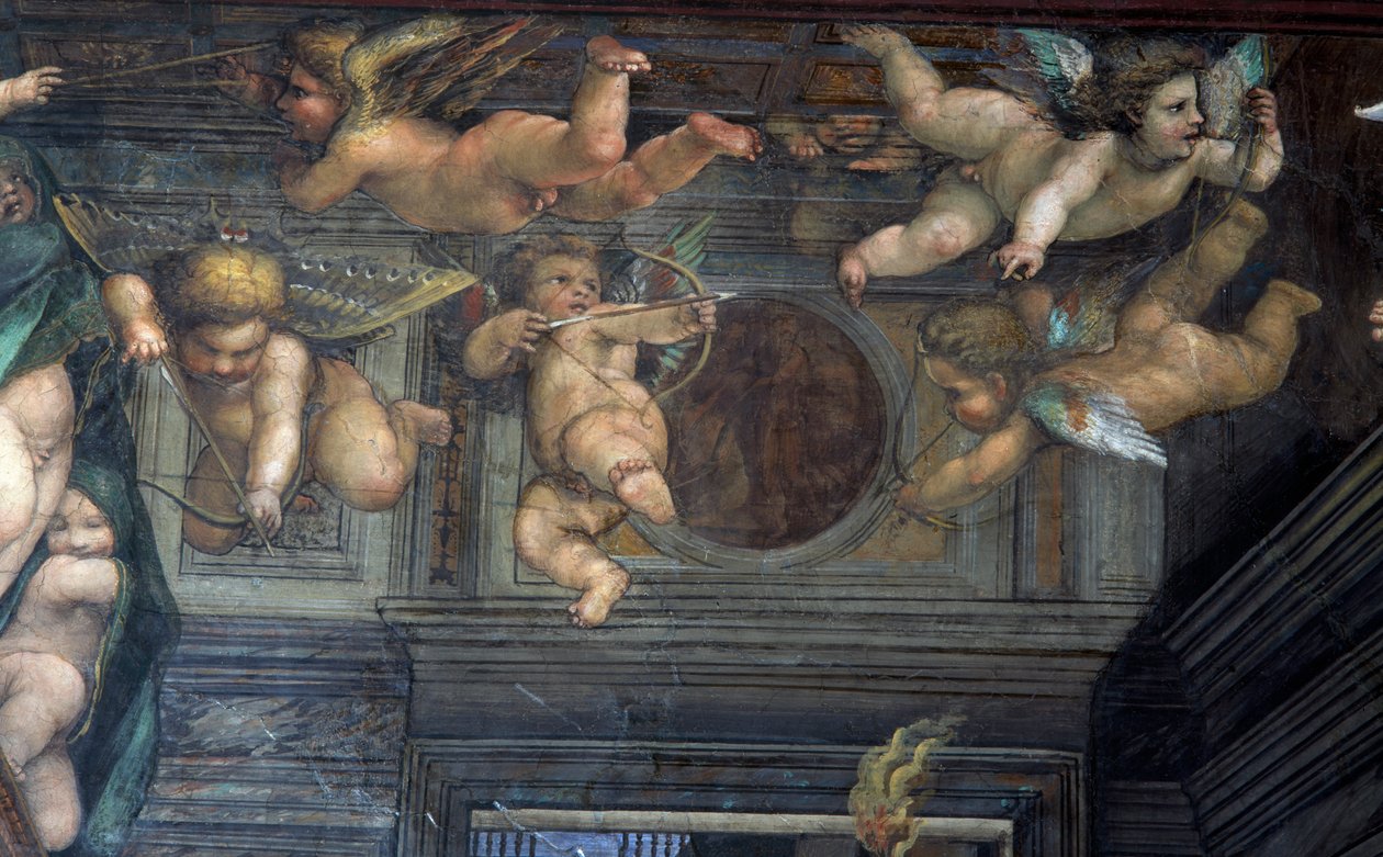 Sala delle Nozze di Alessandro e Rossana Síň svatby Alexandra Velikého 356-323 př. nl do Roxanne detail létajících putti, c.1513 detail fresky z 107226 od Giovanni Antonio Bazzi Sodoma