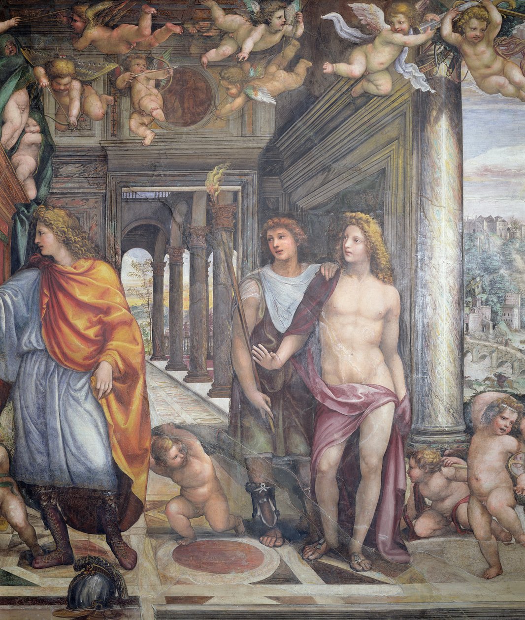 Sala delle Nozze di Alessandro e Rossana Síň svatby Alexandra Velikého 356-323 př.nl a Roxanne detail Alexandra a dvou mužských služebníků s putti nahoře, c.1513 detail fresky z 10 od Giovanni Antonio Bazzi Sodoma