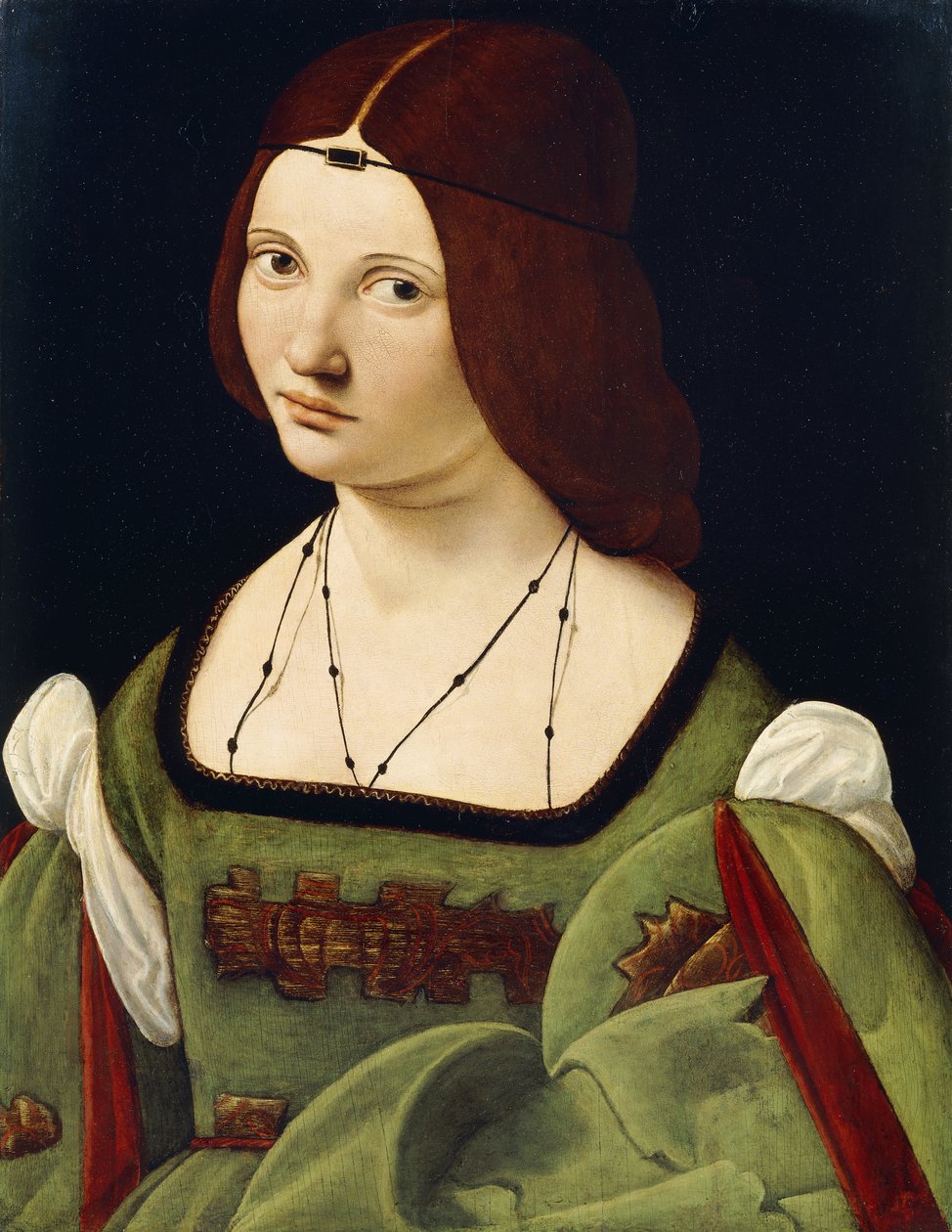 Portrét dámy, o níž se říká, že je Clarice Pusterla, polodlouhá, v zelených šatech, od Giovanni Antonio Boltraffio