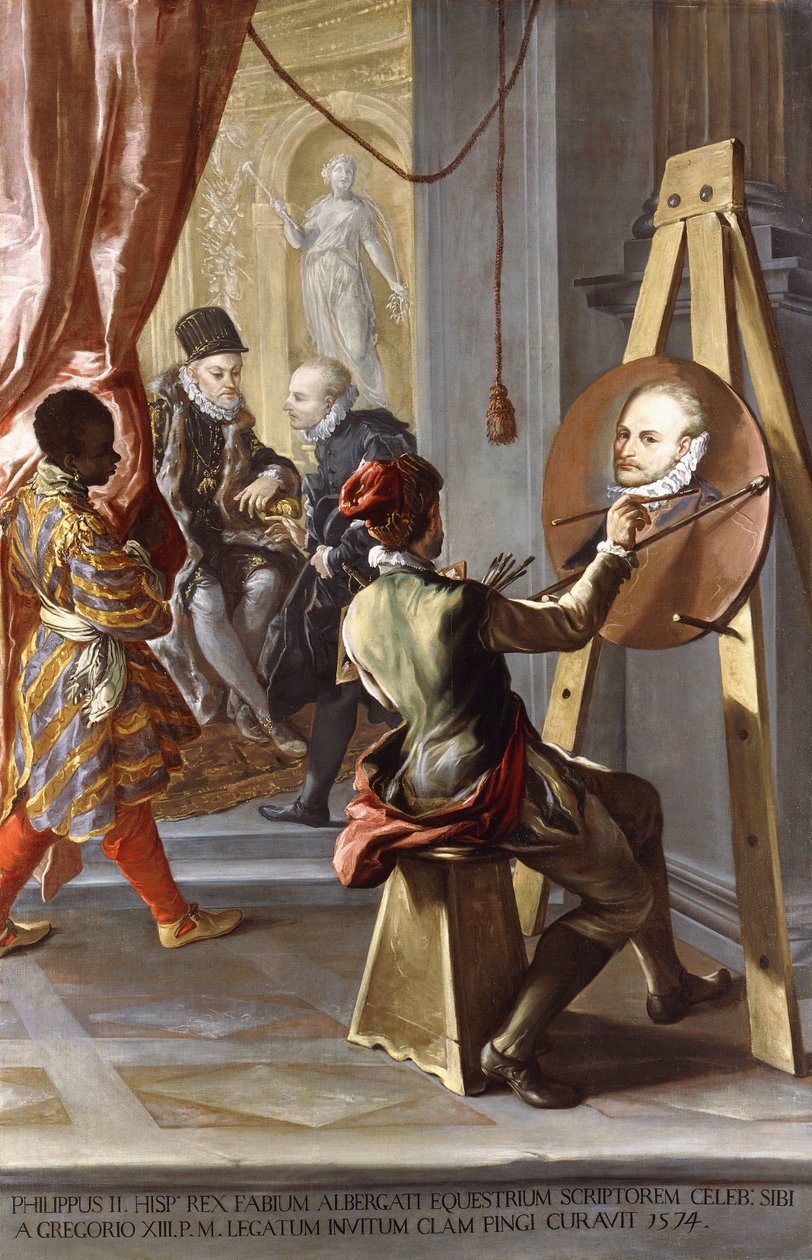 Fabio Albergati přijat Filipem II. Španělským, zatímco umělec tajně provádí svůj portrét podle králových pokynů od Giovanni Antonio Burrini or Burino