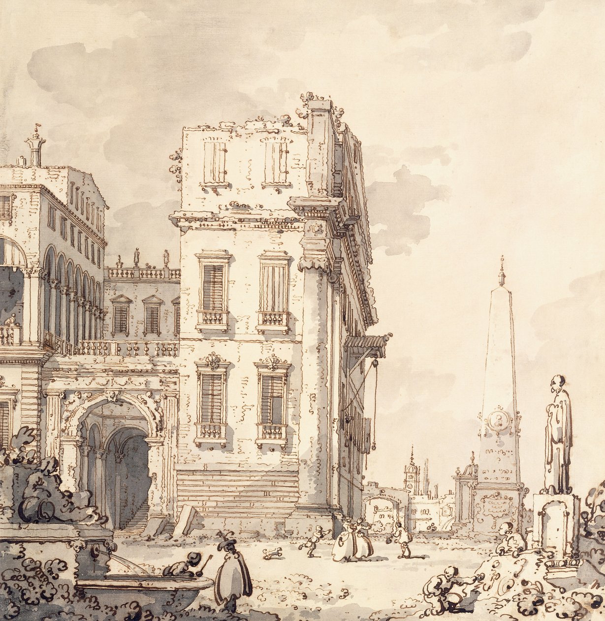 Capriccio z benátského paláce s výhledem na náměstí Piazza s obeliskem, od Giovanni Antonio Canal