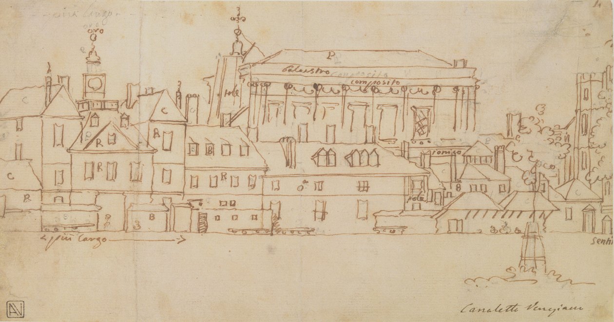 Horse Guards, Londýn (pero a inkoust na papíře) od Giovanni Antonio Canal