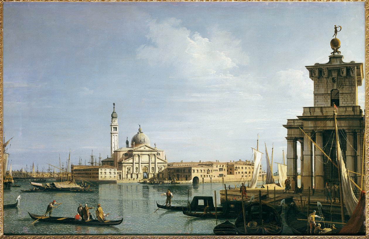 Ostrov San Giorgio Maggiore, Benátky, s Punta della Dogana a četnými plavidly od Giovanni Antonio Canal