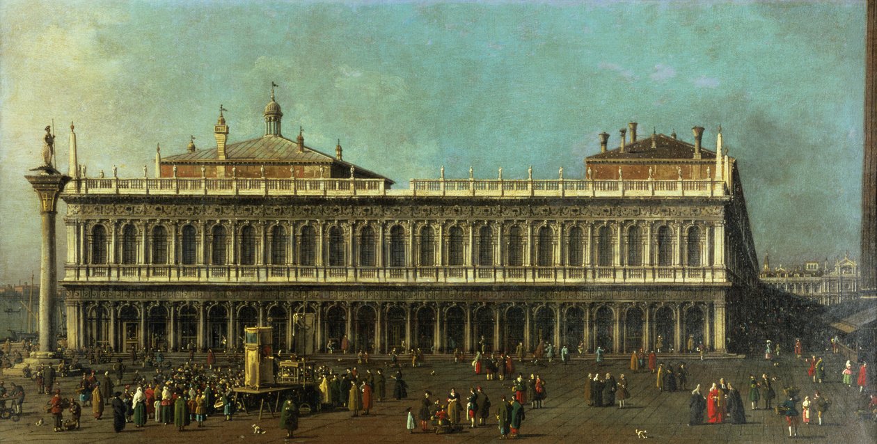 Knihovna a náměstí Piazzetta, Benátky, pohled na západ s mnoha postavami a loutkovým představením, kolem roku 1740 od Giovanni Antonio Canal