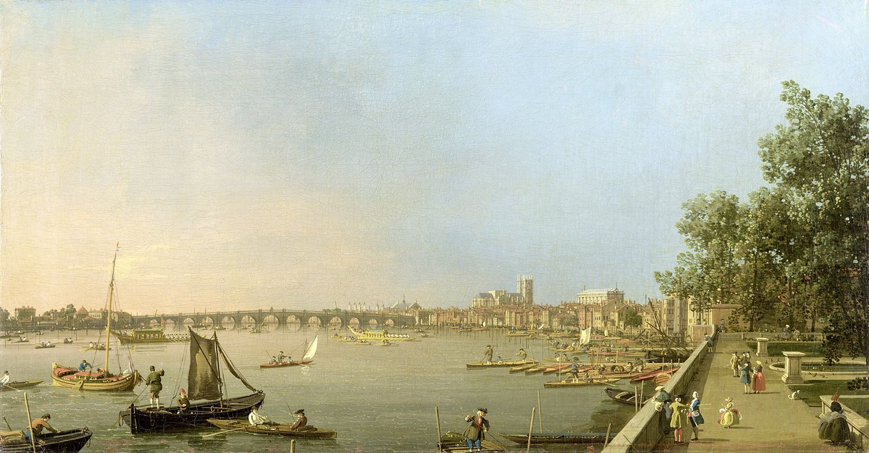 Temže z terasy Somerset House, pohled proti proudu směrem k Westminsteru a Whitehallu, kolem roku 1750 od Giovanni Antonio Canal