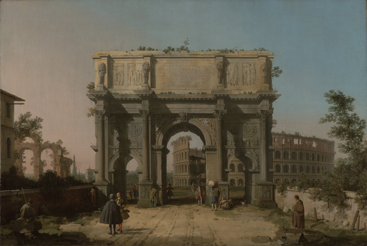 Pohled na Konstantinův oblouk s Koloseem, 1742-5 od Giovanni Antonio Canal