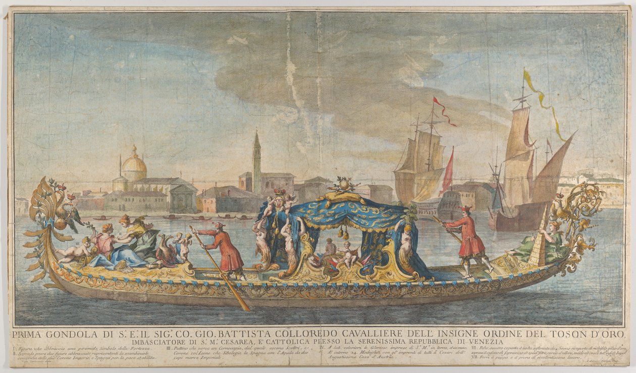 Vysoce zdobená první gondola velvyslance Giovanniho Battisty Colloreada vjíždějícího..., 1720-30. od Giovanni Antonio Faldoni