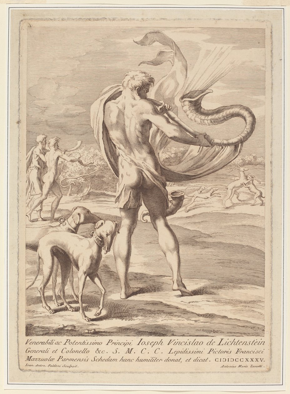 Nahý muž fouká lasturu od Giovanni Antonio Faldoni after Parmigianino
